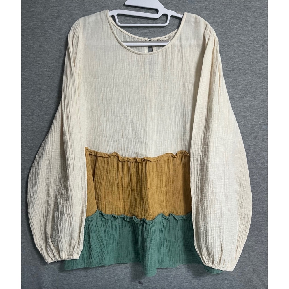 Aetrex OTT Cotton Gauze Tiered Colorblock Blouse 2X Cream Mustard Green MO9569P